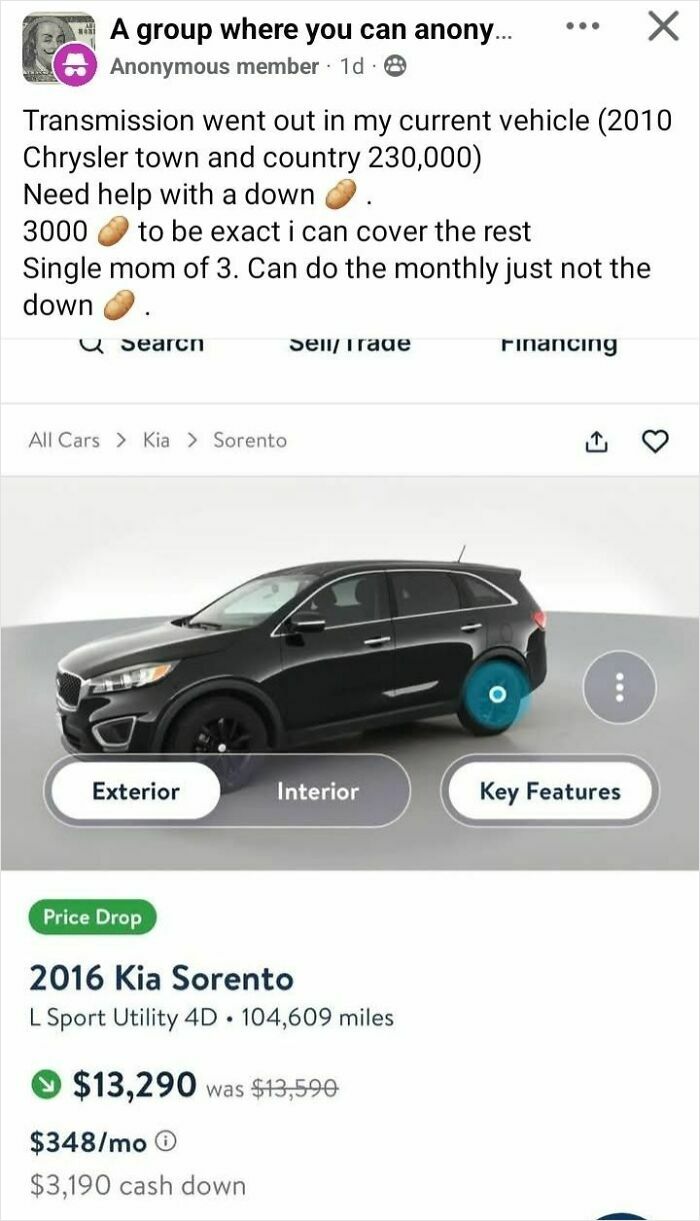Social media post of entitled single mom seeking help with car down payment, showing 2016 Kia Sorento for sale.