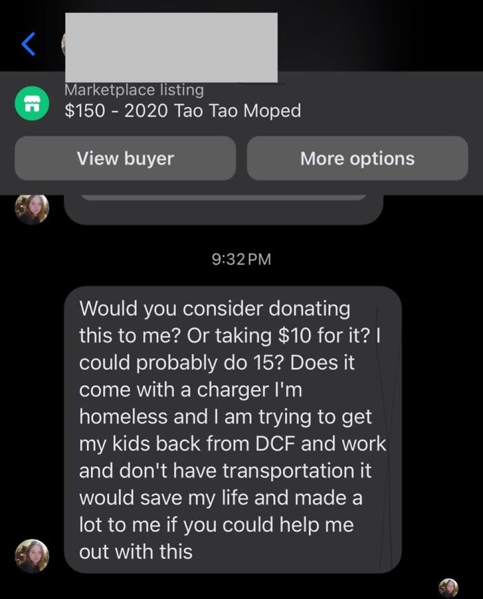 Text message from entitled single mom asking for a donation or discounted moped to solve transportation issue.