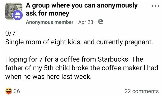 Social media post from a single mom asking anonymously for money, showing entitled behavior in parenting context.