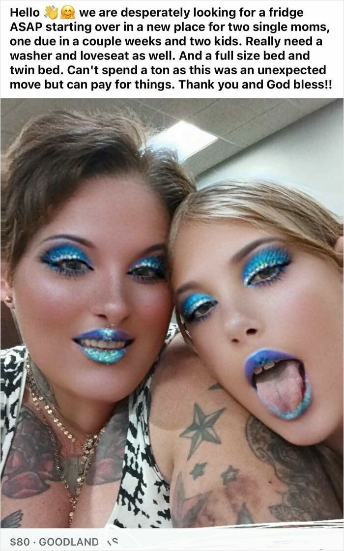 Two single moms with blue glitter makeup posing closely, seeking household items after unexpected move, tattoos visible.