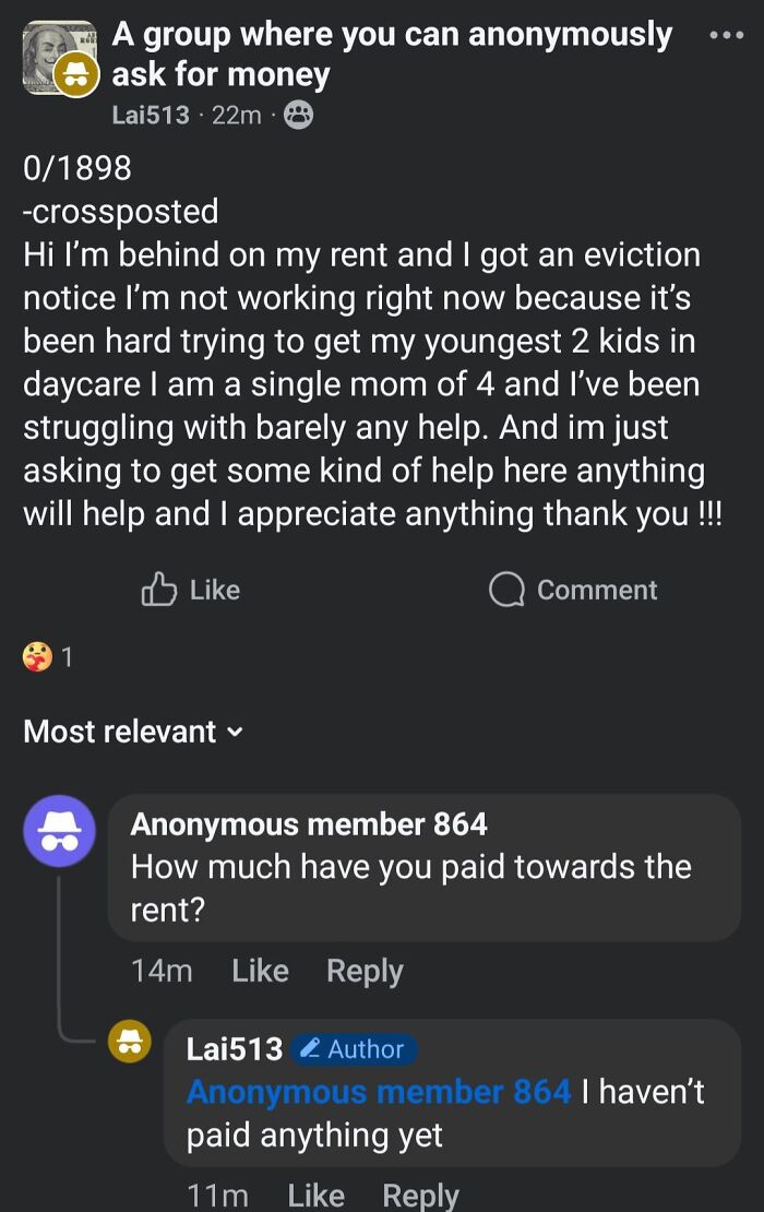 Single mom asks for financial help with rent and eviction in an online group, highlighting struggles of entitled single moms.