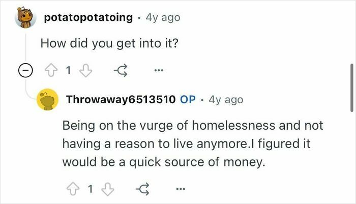 Reddit conversation showing former burglar explaining how homelessness led to choosing targets for quick money.