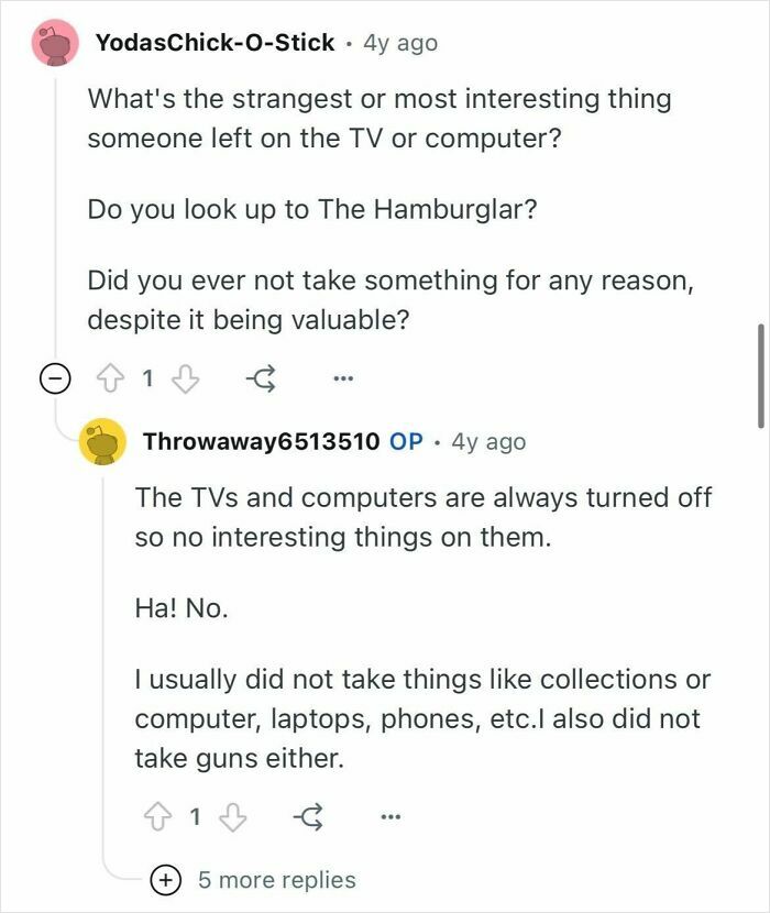 Screenshot of a Reddit conversation featuring former burglars discussing how they chose targets and what they avoided taking.