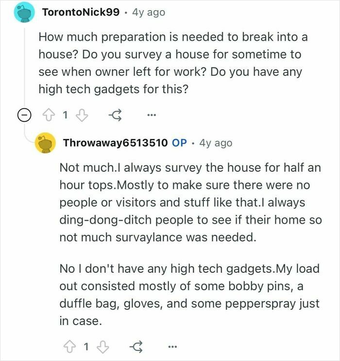 Screenshot of a conversation where former burglars discuss how they chose targets and preparation techniques.