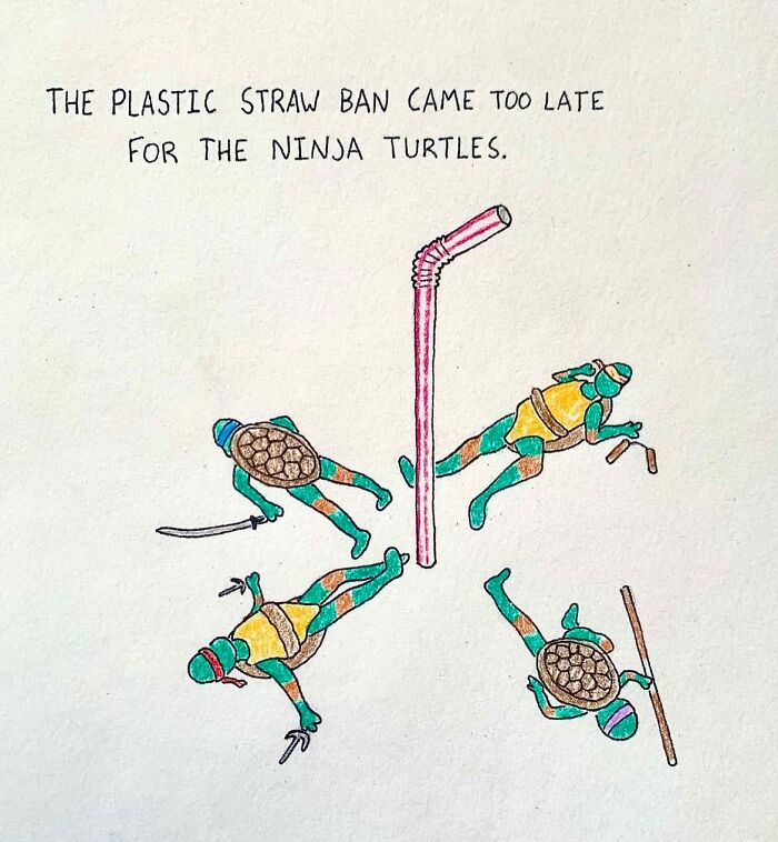 Cartoonist’s daily comic shows ninja turtles affected by a plastic straw ban with humor and surprising truth.