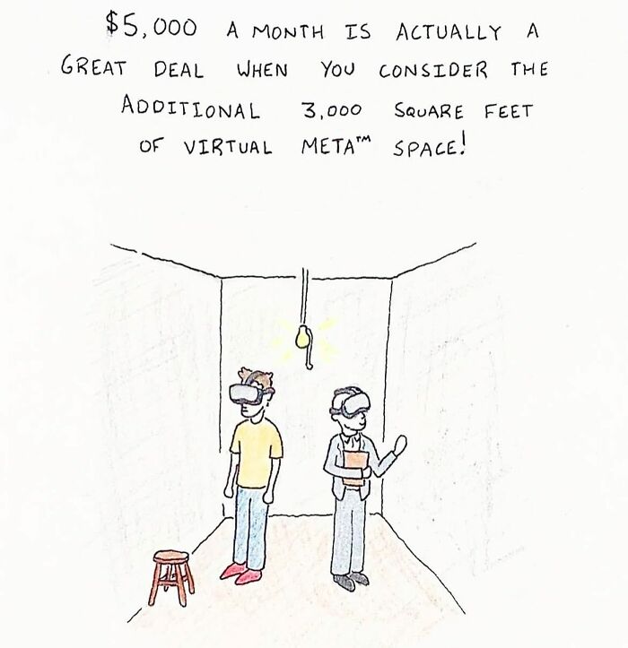 Cartoonist’s daily comic showing two people with VR headsets in a small room discussing virtual meta space rent.