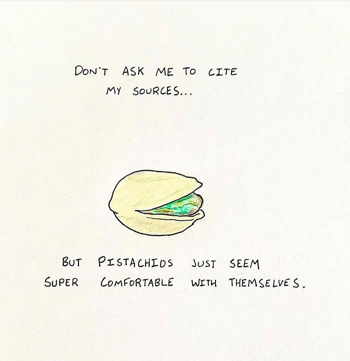Hand-drawn cartoon comic featuring a pistachio with a humorous caption about comics and pistachios.