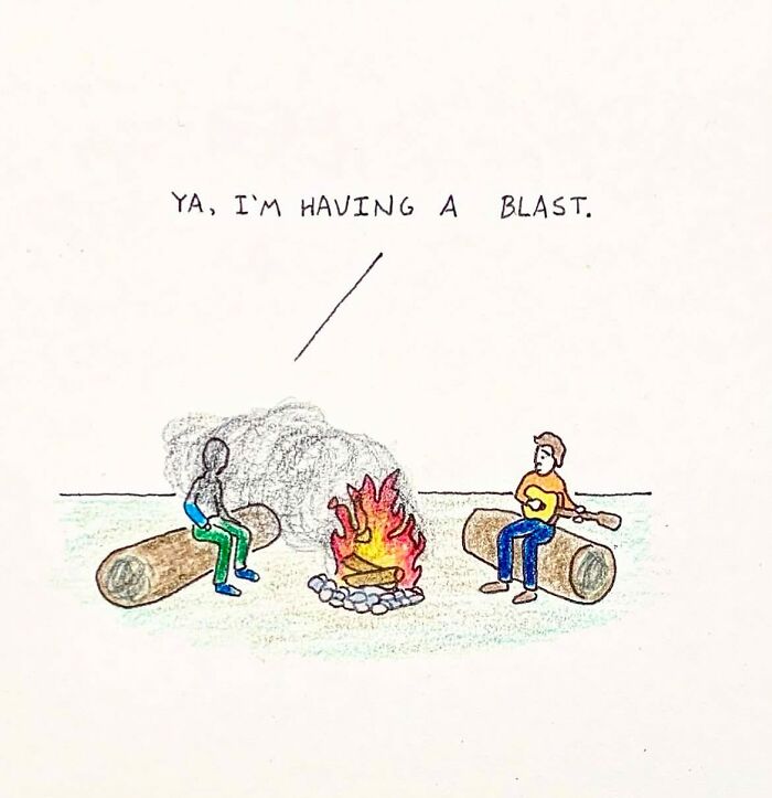 Hand-drawn cartoon showing two people sitting by a campfire with one saying they’re having a blast in a daily comic style.