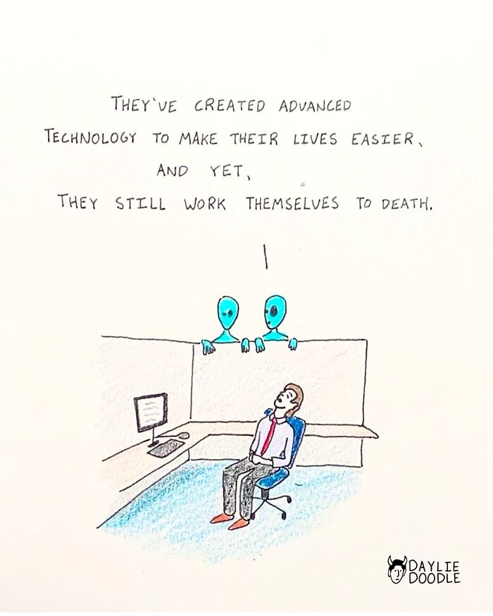 Comic showing two aliens commenting on a man in office cubicle, highlighting work and technology in daily comics.