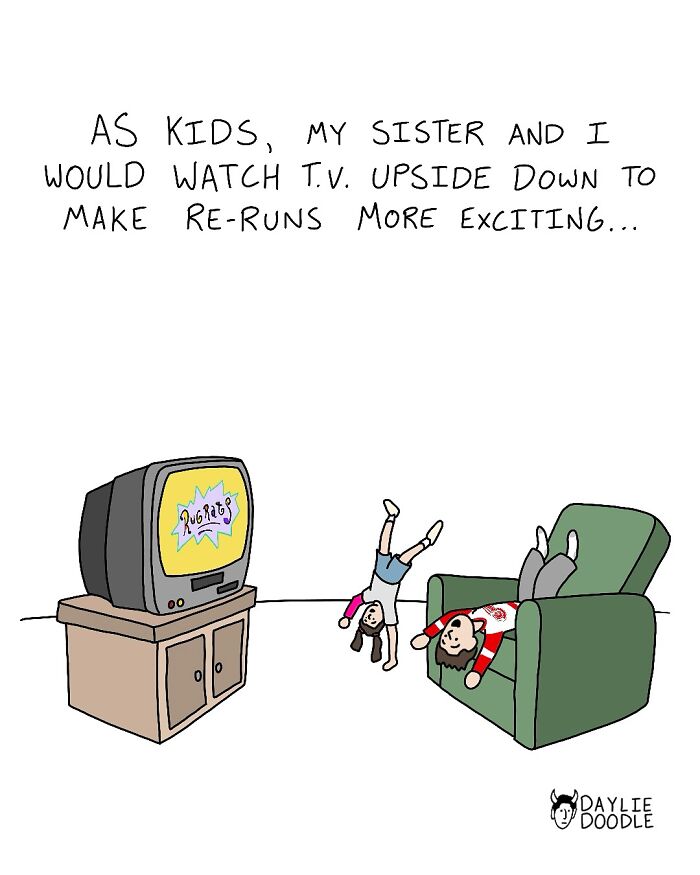 Cartoon showing two kids watching TV upside down, illustrating a ridiculous and surprisingly true comic moment.