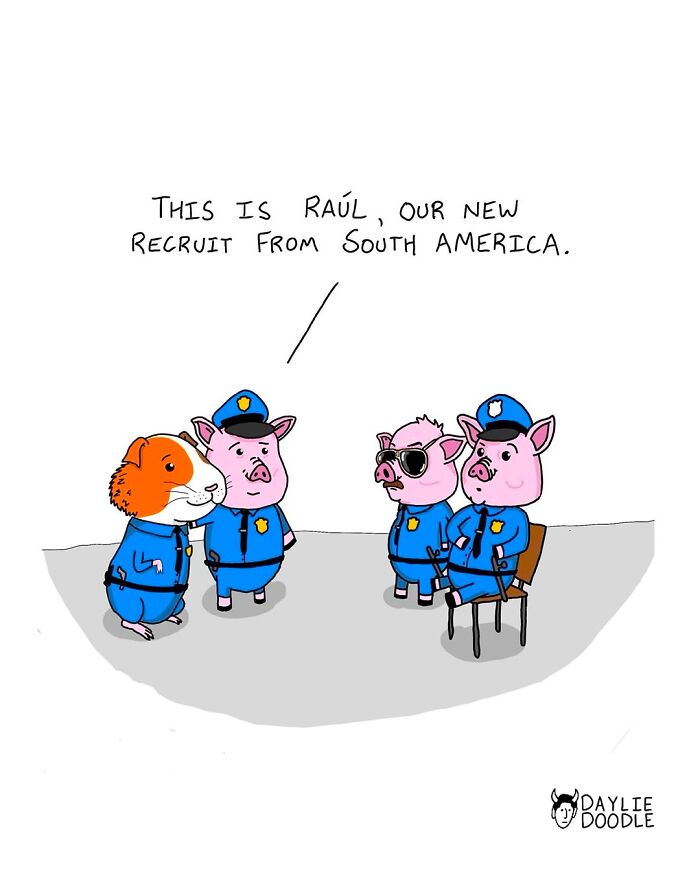 Cartoonist’s daily comic showing animal police officers introducing a new recruit from South America in a humorous style.