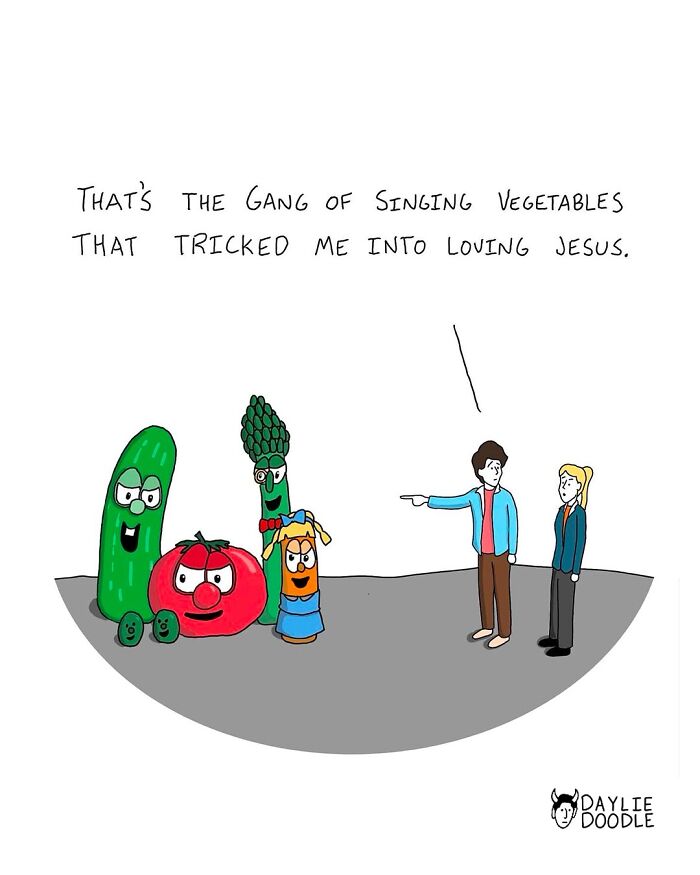 Cartoonist’s daily comic shows animated vegetables and two people with humorous caption about loving Jesus.