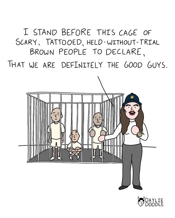 Cartoonist’s daily comic shows a police officer declaring innocence while holding detained people in a cage.