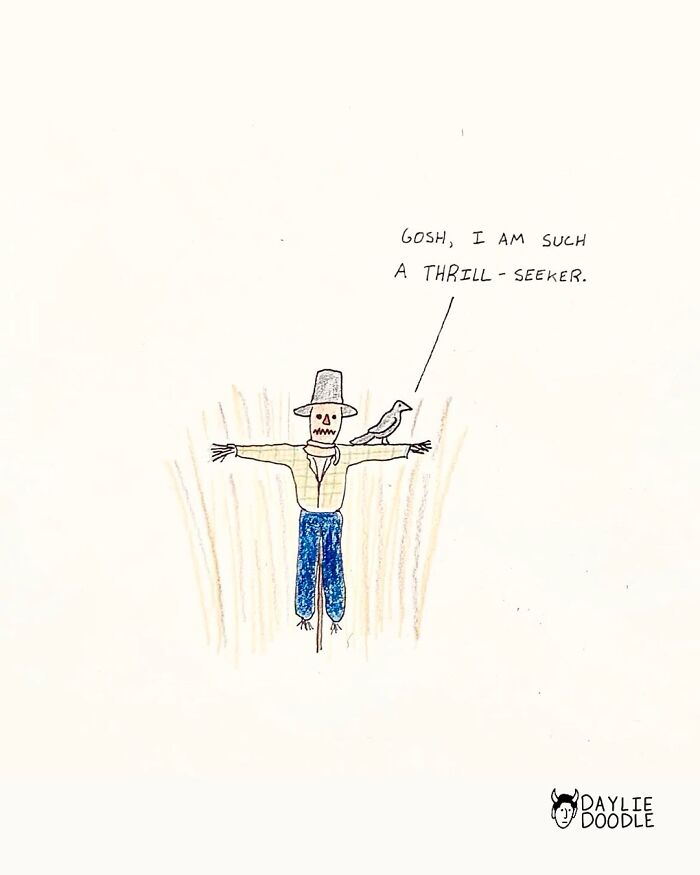 Hand-drawn cartoon comic of a scarecrow with a bird on its arm saying it is a thrill-seeker, daily comics humor.