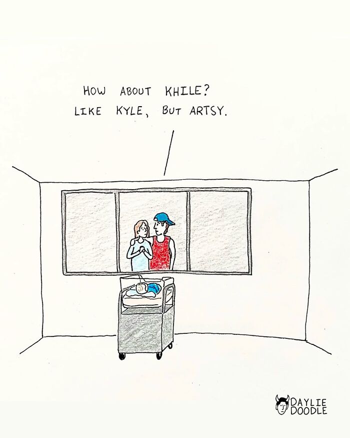 Newborn baby in a hospital crib with parents talking about baby names in a cartoonist’s daily comics style.