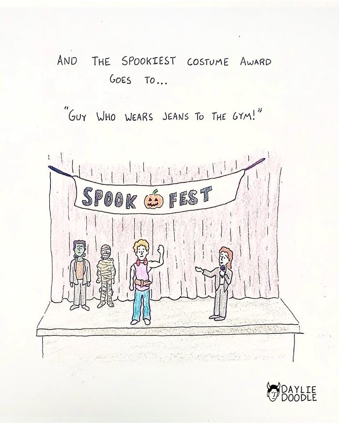 Cartoonist’s daily comic showing a spooky costume contest with a man in jeans winning the award at Spook Fest.