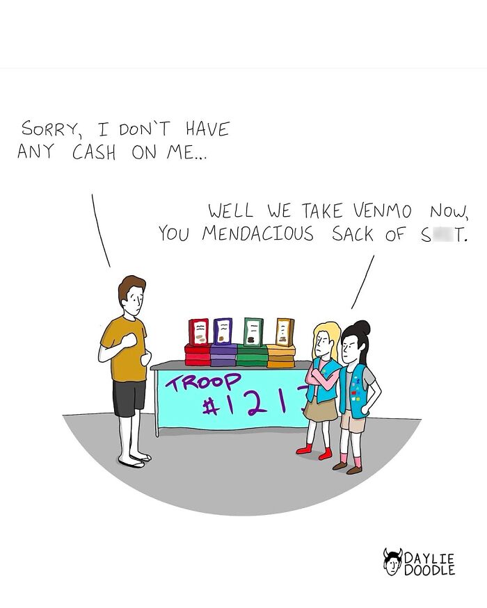 Cartoonist’s daily comic shows a humorous interaction at a troop fundraiser about payment methods and cash.