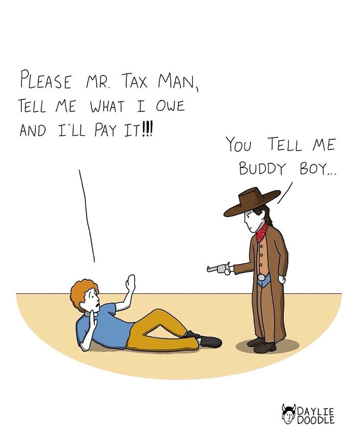 Cartoonist’s daily comic shows a man lying down pleading with a gunslinger about tax payment in a humorous scene.