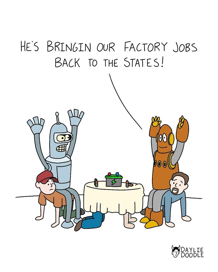 Cartoonist’s daily comic shows robots and workers playing a game, highlighting factory jobs returning to the states.