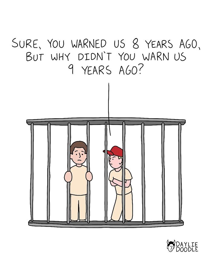 Two cartoon characters in jail bars with a humorous dialogue, illustrating a daily comic by cartoonist Daylie Doodle.