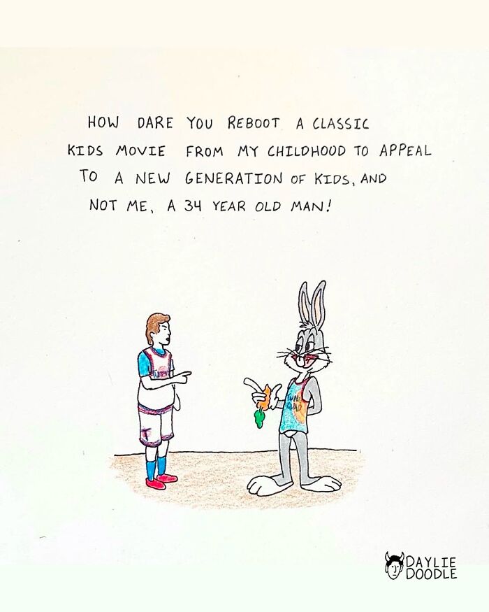 Cartoonist’s daily comic shows a man confronting Bugs Bunny about rebooting a classic kids movie for a new generation.