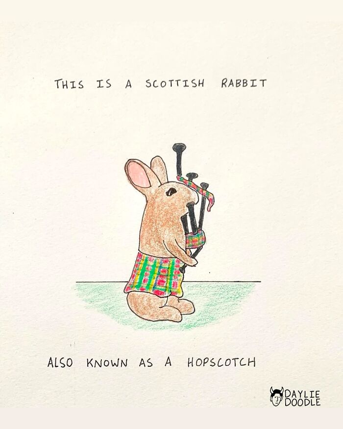 Cartoonist’s comic of a Scottish rabbit wearing a plaid kilt playing bagpipes, blending humor and truth.