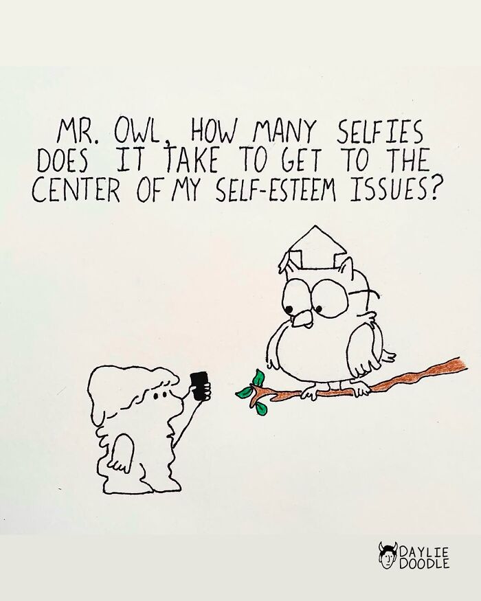 Cartoonist’s comic showing a character asking an owl about selfies and self-esteem in a simple hand-drawn style.
