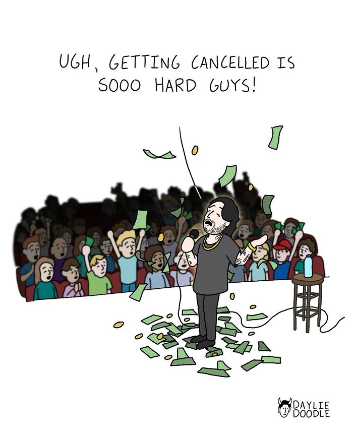 Cartoonist’s daily comic shows a frustrated performer on stage with money flying and an excited audience in a humorous scene.
