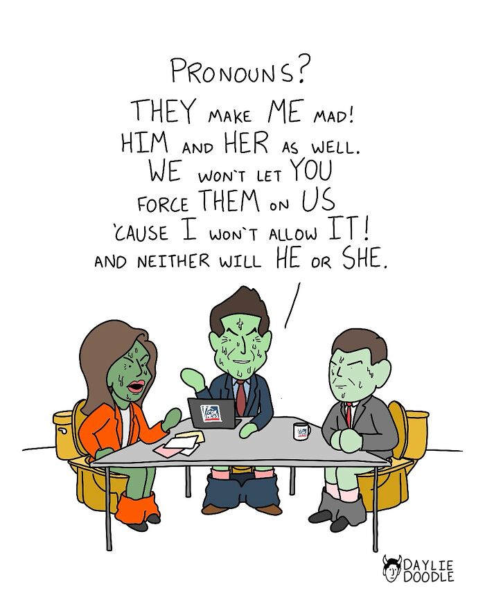 Cartoonist’s daily comic shows three green-faced people at a table humorously debating pronouns with pants down.