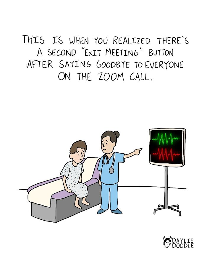Cartoonist’s daily comic showing a patient and doctor with a humorous Zoom meeting exit button moment.