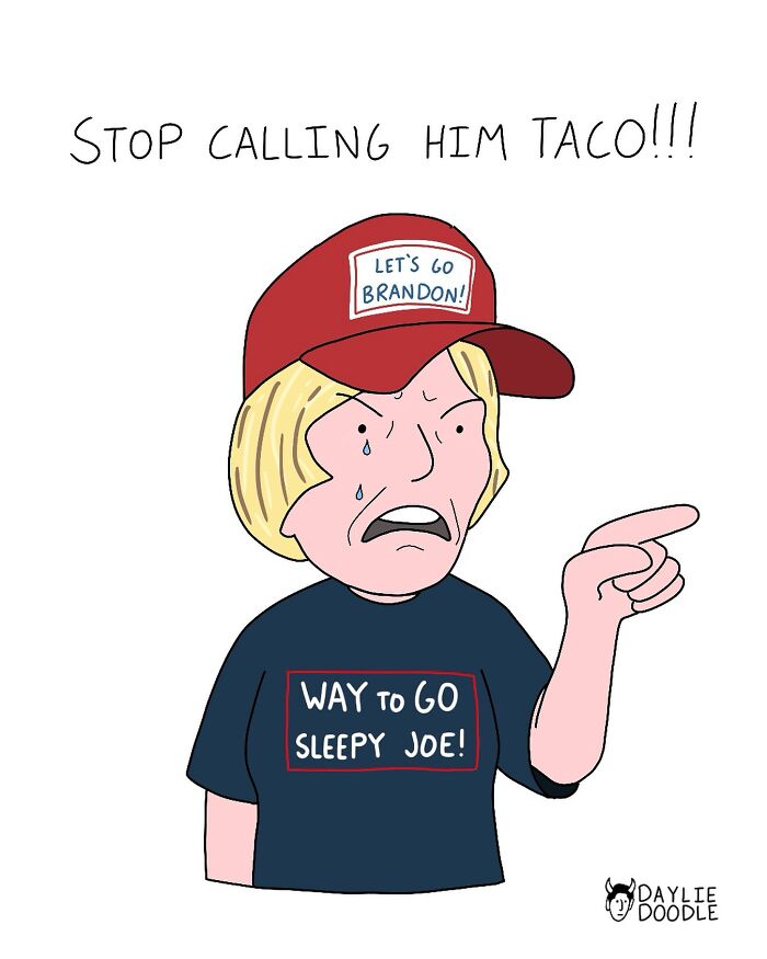 Cartoonist daily comic of angry character wearing political hats and shirts, humorously illustrating current events.