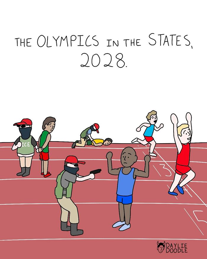 Cartoonist’s daily comic shows a humorous yet true 2028 Olympics track race with armed agents and distressed runners.