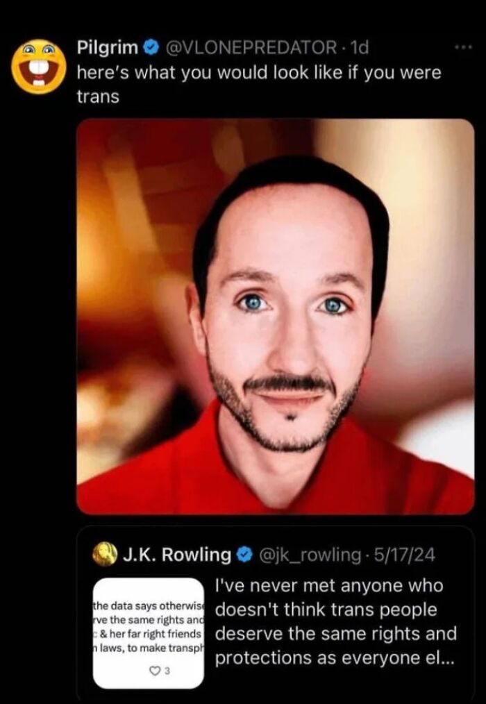 Social media post with a humorous internet lie about being trans, illustrating absurd internet lies and reactions.