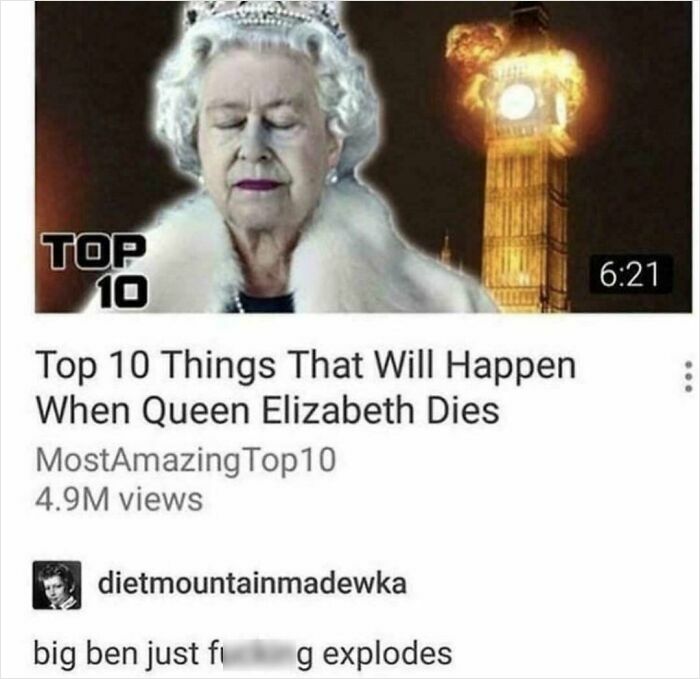 Meme mocking internet lies with an absurd claim about Queen Elizabeth and Big Ben explosion.