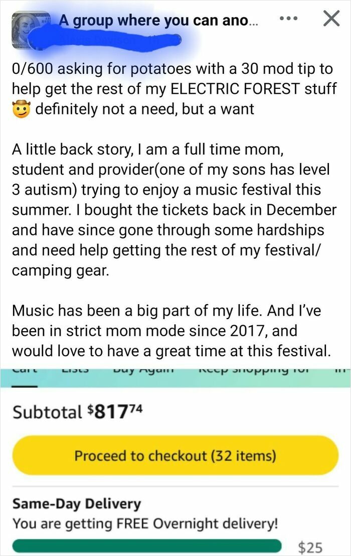 Screenshot of a single mom requesting help to pay for festival gear, highlighting entitled behavior and financial demands.