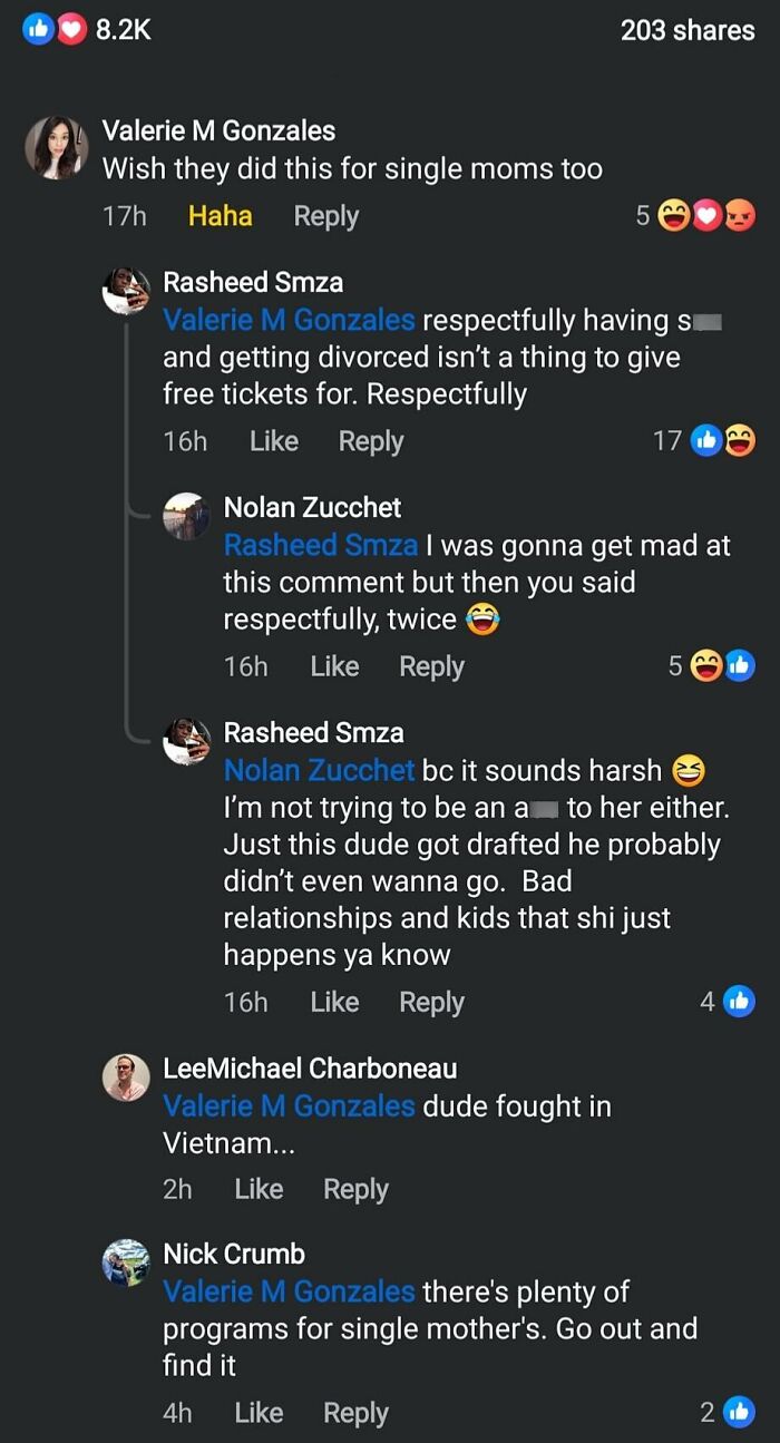 Facebook comments discussing entitled single moms and the expectation of not having to pay for anything in relationships.