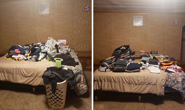 Before and after photo showing a messy pile of clothes transformed into neatly folded laundry on a bed in a cozy room.