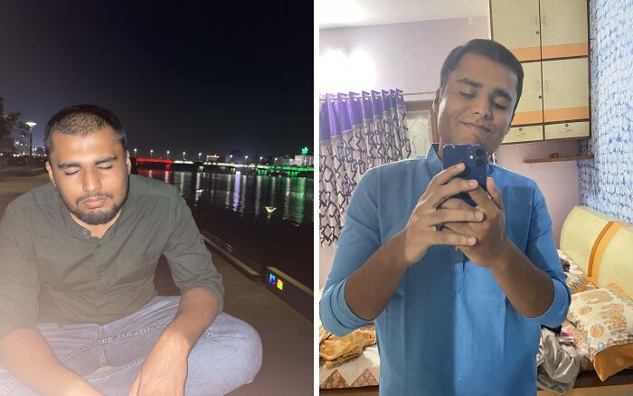 Hombre mostrando transformación increíble en dos fotos, una de noche al aire libre y otra en un cuarto con luz natural.