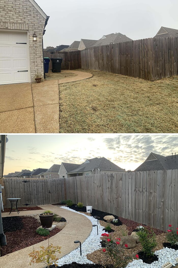 Transformación increíble de jardín con camino, plantas, iluminación y decoración en patio trasero residencial.