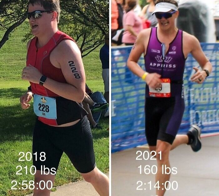 Side-by-side heartwarming before and after photos showing a runner's weight loss and improved race time.