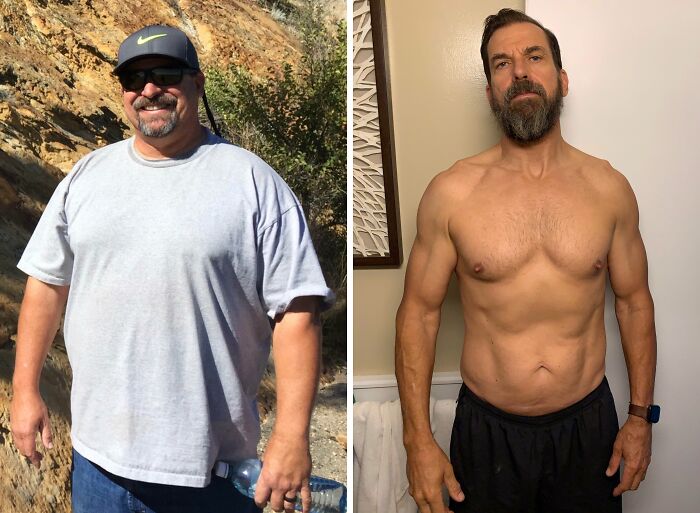 Before and after transformation showing impressive weight loss and muscle gain in heartwarming fitness progress photos.