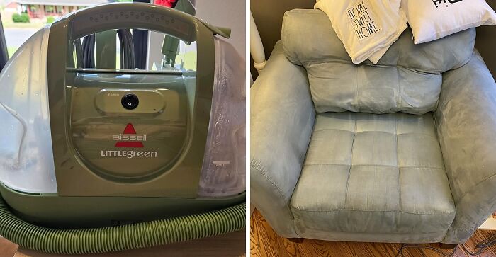 Compact Bissell Little Green carpet cleaner and a soft gray chair featured in top Prime Day home deals for cleaning and comfort.