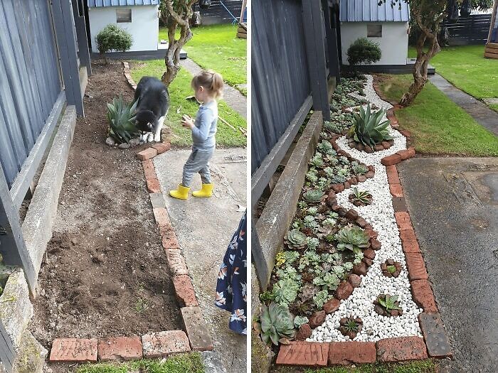 Before and after photo of a garden transformation with succulents and white stones in a small outdoor space.