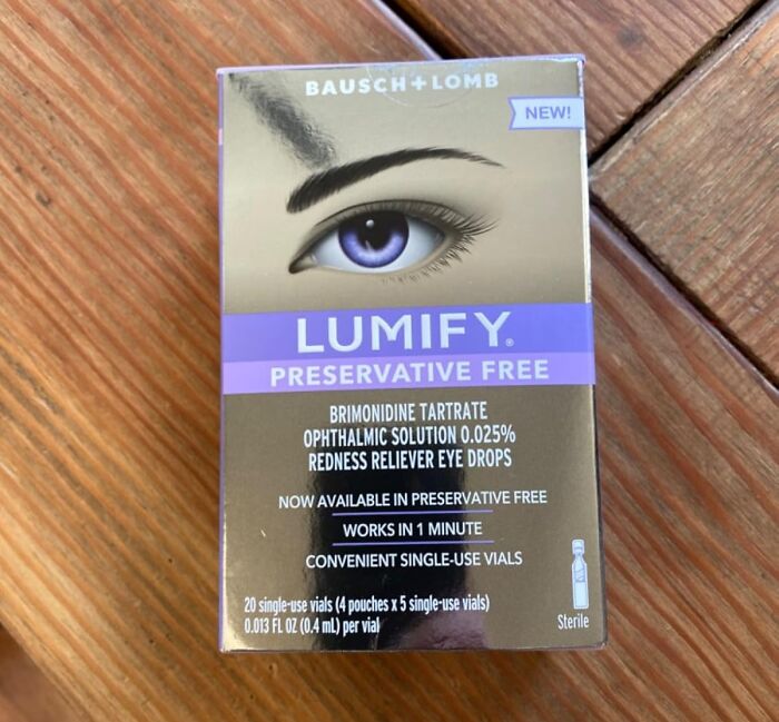 Box of Lumify preservative free eye drops on a wooden surface highlighting safe Prime Day deals under $25 to protect your bank account.