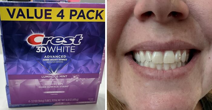 Crest 3D White toothpaste value pack next to a smiling person showing bright white teeth for Prime Day deals.