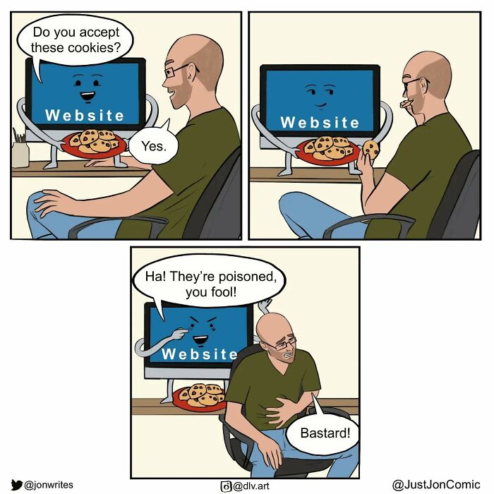 Minimalist funny comic showing a man eating cookies offered by a website, capturing everyday misfires humor.
