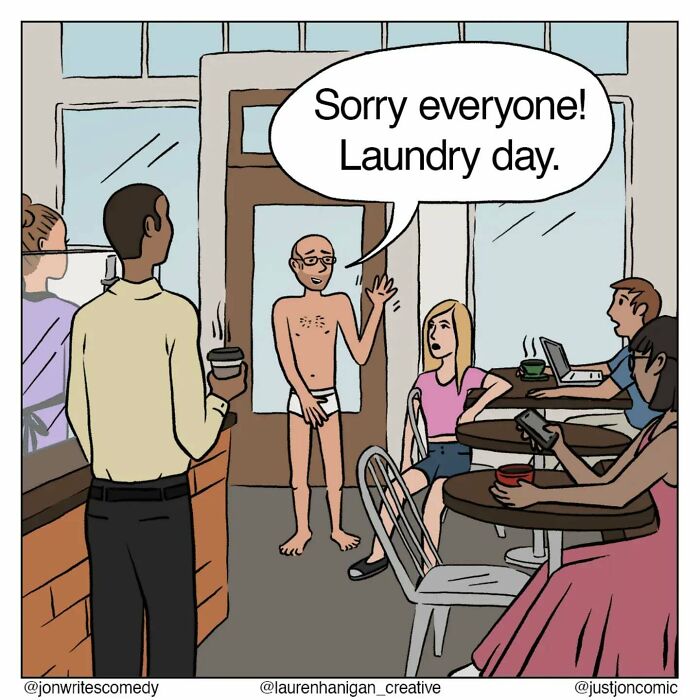 Minimalist funny comic showing a man in underwear in a cafe saying sorry for laundry day to surprised onlookers.
