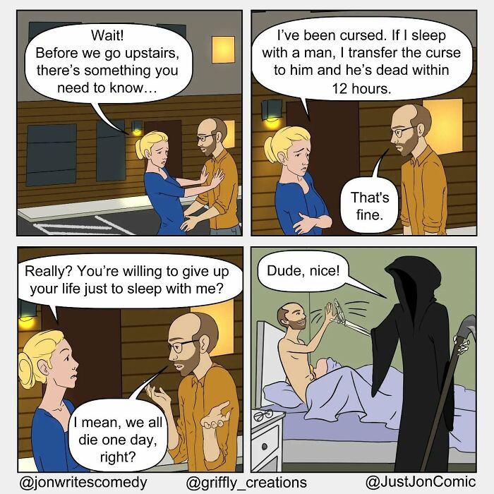 Minimalist funny comic showing a dark humor exchange between a couple and Death, capturing everyday misfires in relationships.