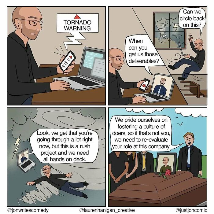 Minimalist funny comic depicting workplace chaos and misfires during a tornado warning with remote video calls and stress.