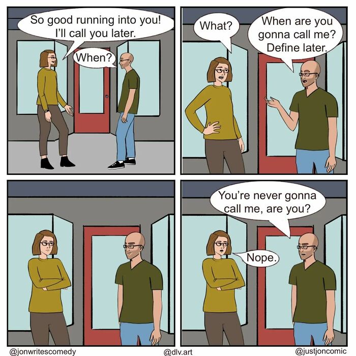 Minimalist funny comic showing a conversation about calling later that humorously ends with no call planned.